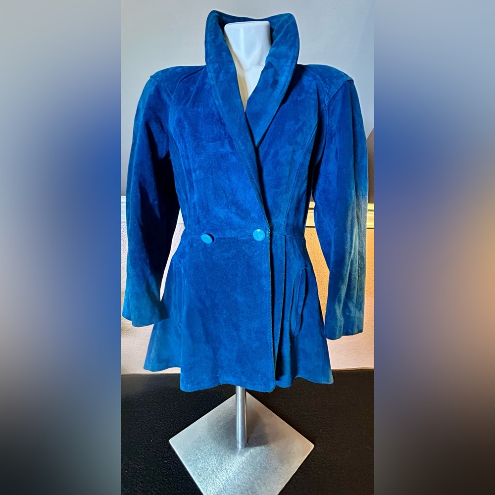 VTG. Outerwear By Phoenix Suede Leather, Vibrant Sapphire,  Hi-Low Coat Size S